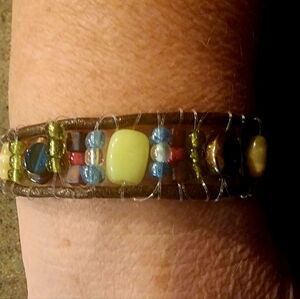 Handmade leather and bead3d bracelet. One of a kind